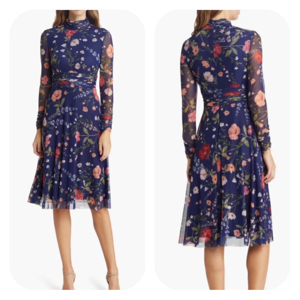 {Eliza J} Floral Mock Neck Long Sleeve Mesh Midi Dress - Womens 6 - Picture 10 of 10